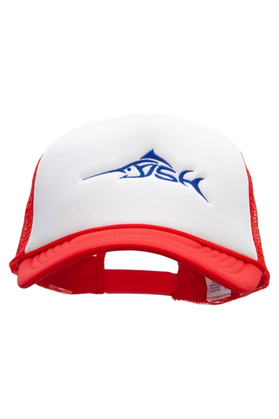 Blue Fish Embroidered Foam Panel Mesh Snapback - White Red OSFM