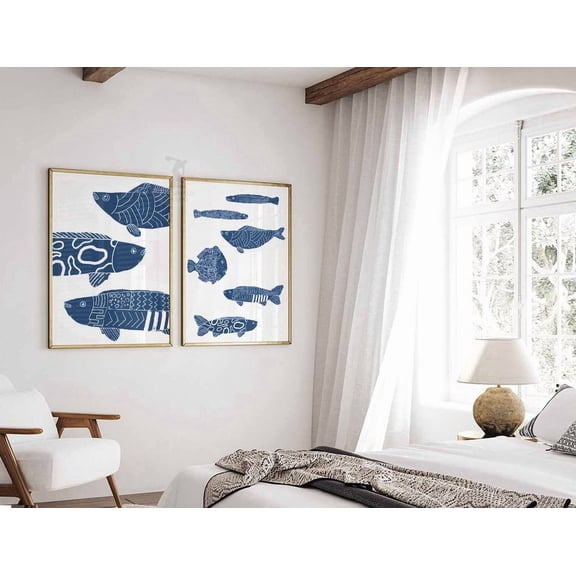 Blue Fish Fish Prints Sea Life Art Ocean Abstract Interior Design Set 2 Stretched Canvas 12x18