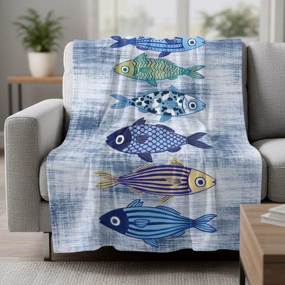 Blue Fish Fleece Throw Blanket Lightweight Coastal Nautical Folk Art Colorful Fishes Boho Fuzzy Flannel Throws Super Soft Cozy Flannel Blanket for Couch, Sofa, Bed, Travel 30"x40"