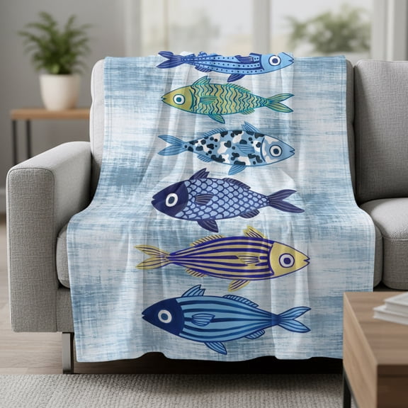 Blue Fish Fleece Throw Blanket Lightweight Coastal Nautical Folk Art Green Yellow Fishes Boho Fuzzy Flannel Throws Super Soft Cozy Flannel Blanket for Couch, Sofa, Bed, Travel 30"x40"