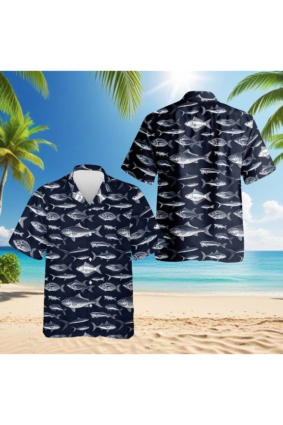 Blue Fish Hawaiian Shirt for Men, Vintage Style, Button Down Summer Beach Short Sleeve, S-5XL