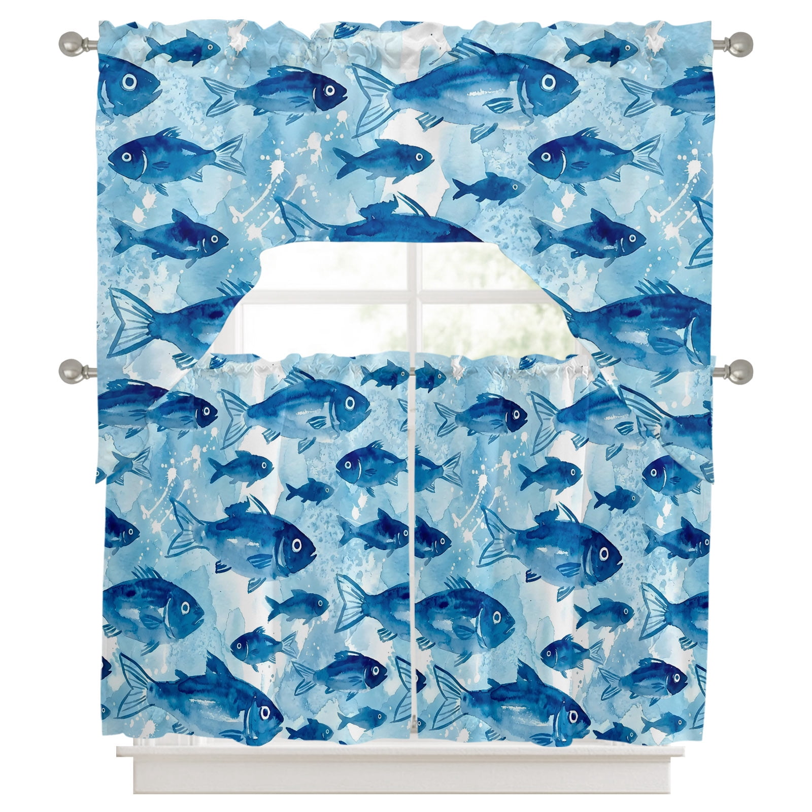 Blue Fish Kitchen Curtains Swag Valance and Tier Curtains Set 36 Inch ...