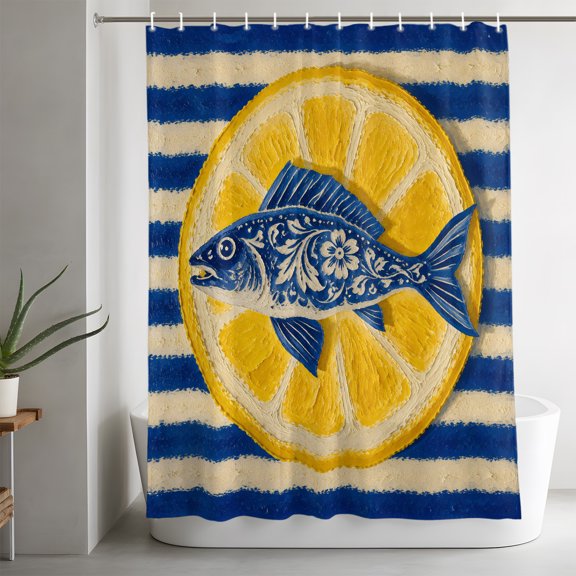 Blue Fish Lemon Slice Bathroom Shower Curtain, Coastal Mediterranean Blue White Striped Waterproof Washable Soft Bath Curtain for Bathtub Decor with 12 Hooks&Grommet, 36x72in