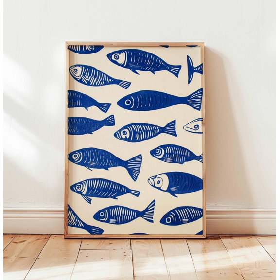 Blue Fish Nautical Kitchen Coastal Sea Bold Linocut Artwork, Unframed Canvas 8x10in