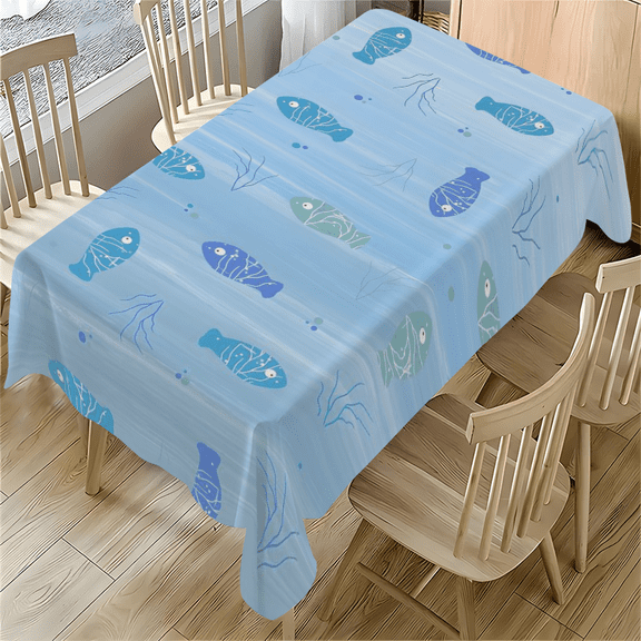 Blue Fish Pattern Tablecloth 55 x 77.1 Inches - Ocean Theme for Dining Table, Desk, Party, Outdoor Use