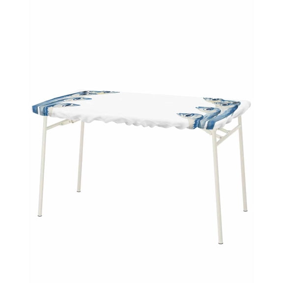 Blue Fish Rectangle Tablecloth, Waterproof Elastic Fitted Table Covers for 8 Foot Tables, 32x96inch Decorative Tablecloths for Picnic, Camping, Indoor, Outdoor, Coastal Ocean Animal Watercolor White