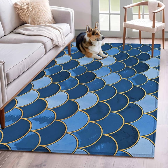 Blue Fish Scale Area Rug 3x5 Washable Rug Non Slip Modern Geometric Ombre Abstract Moroccan Large Area Rug Indoor Floor Carpet for Entryway Bedroom Kitchen Living Room Home Office Dining Room Nursery
