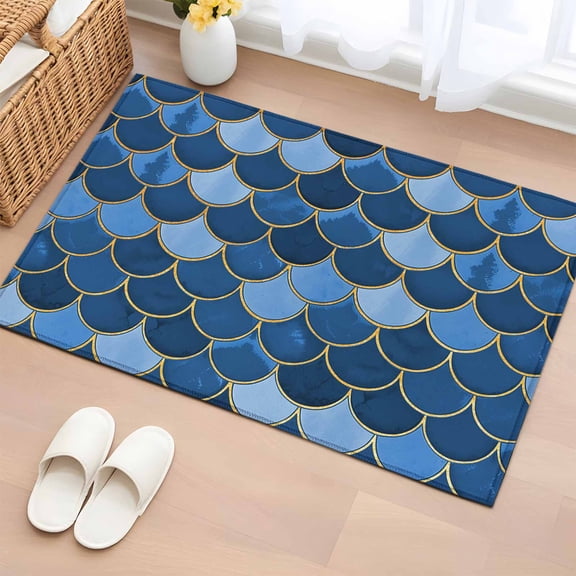 Blue Fish Scale Bathroom Rug Washable 2x3 Entryway Rug Non Slip Modern Geometric Ombre Abstract Moroccan Front Door Mat Low Pile Indoor Doormat Throw Floor Carpet for Kitchen Bedroom Entrance