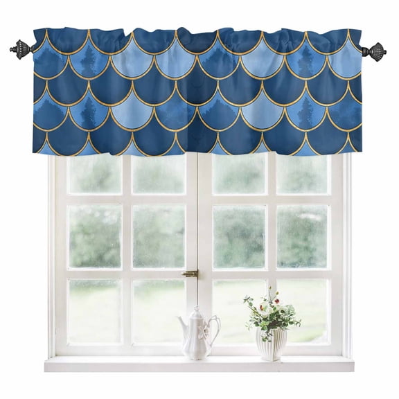 Blue Fish Scale Kitchen Valances for Windows 60x18 Inch Kitchen Curtains Valances Rod Pocket Modern Geometric Ombre Abstract Moroccan Bathroom Window Valances for Window Treatment Decor