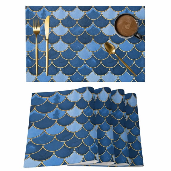 Blue Fish Scale Placemats Set of 12, Modern Geometric Ombre Abstract Moroccan Placemats for Dining Table, Place Mats for Kitchen Tabletop, Waterproof Wipeable Dining Table Mats Set