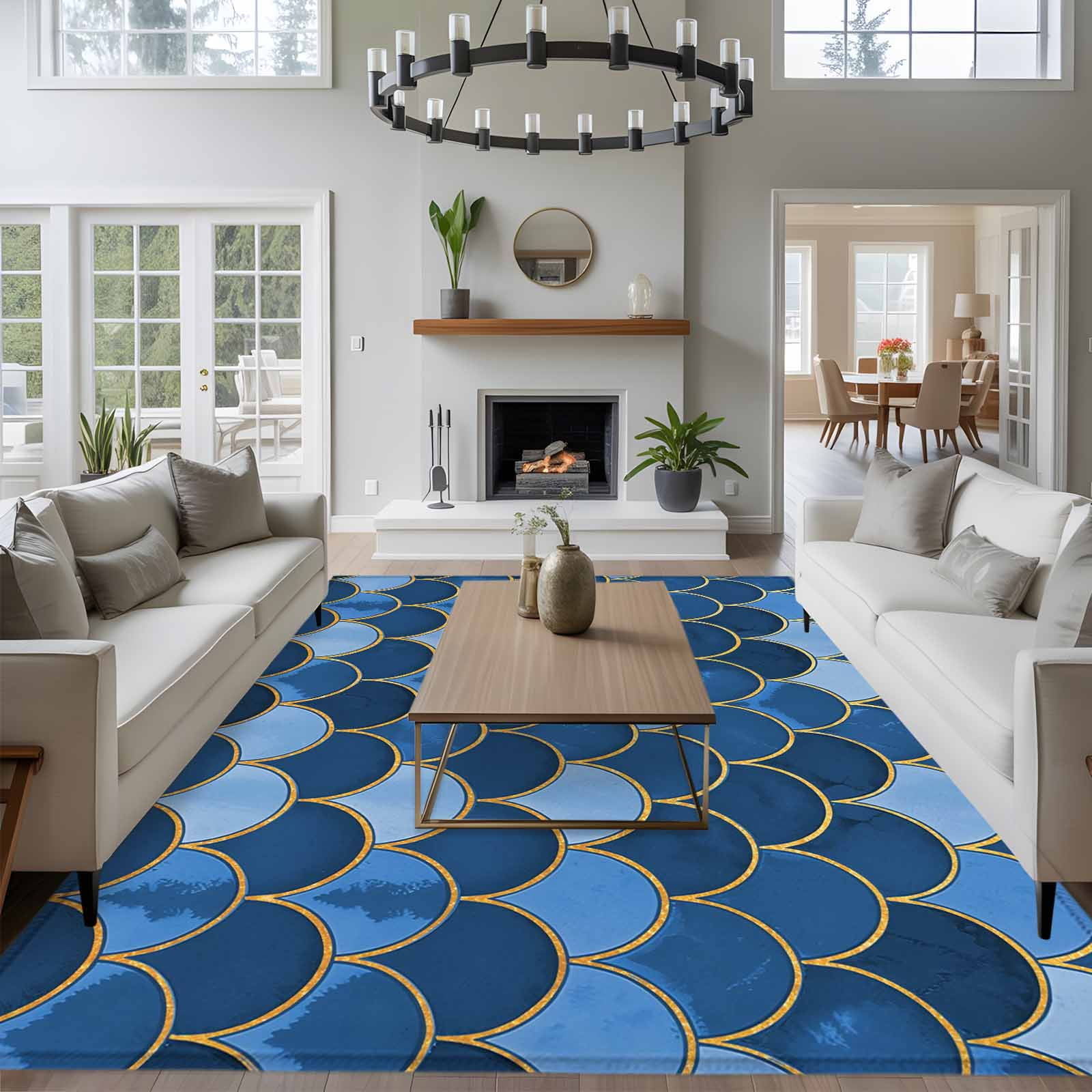 Blue Fish Scales 8x10 Area Rug for Living Room Sectional Sofa, Ombre ...