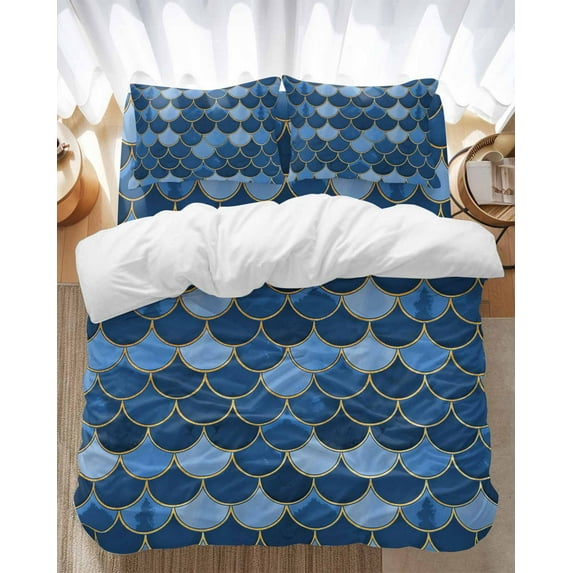 Blue Fish Scales Bedding Duvet Cover Set Full Size 4 Pieces Ombre Fish Tail Abstract Art Vintage Bedding Set with Zipper Closure, 1 Comforter Cover 86x86 Inches 1 Flat Sheet & 2 Pillow Cases