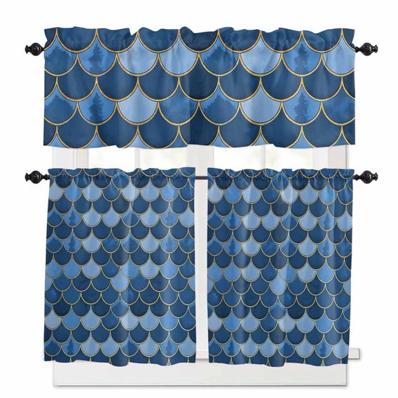 Blue Fish Scales Kitchen Curtains Valances and Tiers Set of 3, 24 Inch Length Tier Curtains and Valance Rod Pocket Valance Curtains Set for Kitchen Bathroom Small Windows
