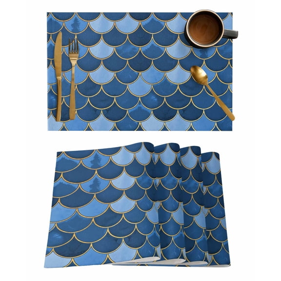 Blue Fish Scales Placemats Set of 2 Ombre Fish Tail Abstract Art Vintage Heat Insulation Washable Place Mats, Rustic Non-Slip Table Mats for Dining Table Party Kitchen Decor,13x19 Inch