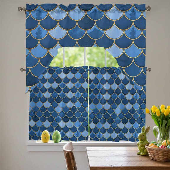 Blue Fish Scales Swag Curtains Valance & Tier Set, Ombre Fish Tail Abstract Art Vintage 3 Pcs Set Kitchen Swag Valances and Tiers 36 Inch Length Rod Pocket Curtain Drapes for Bedroom