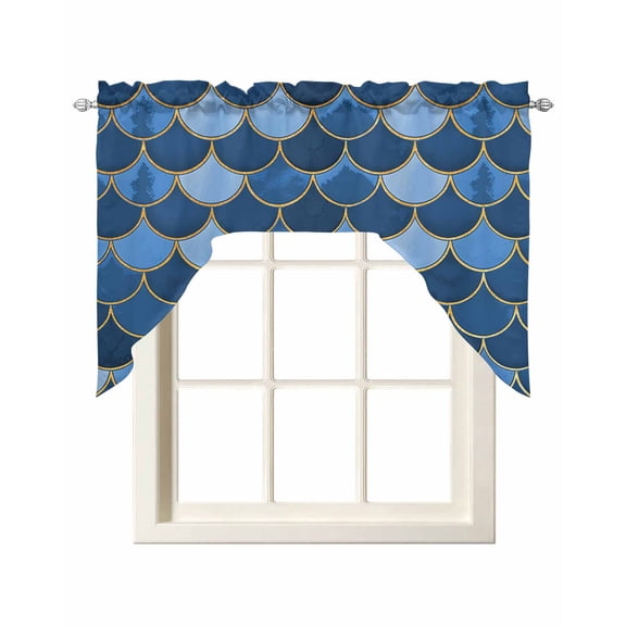 Blue Fish Scales Swag Valance for Window, Ombre Fish Tail Abstract Art Vintage Light Filtering Swag Curtain Rod Pocket Kitchen Curtain Valance for Bedroom