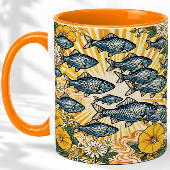Blue Fish School Coffee Mug, Blue Fish Mug, Morning Tea Cup for Home, Many Scaled Swimmers with Yellow Flowers and Sunburst Rays, Retro Ocean Art, Coastal Kitchen Accent, Seafood Lover