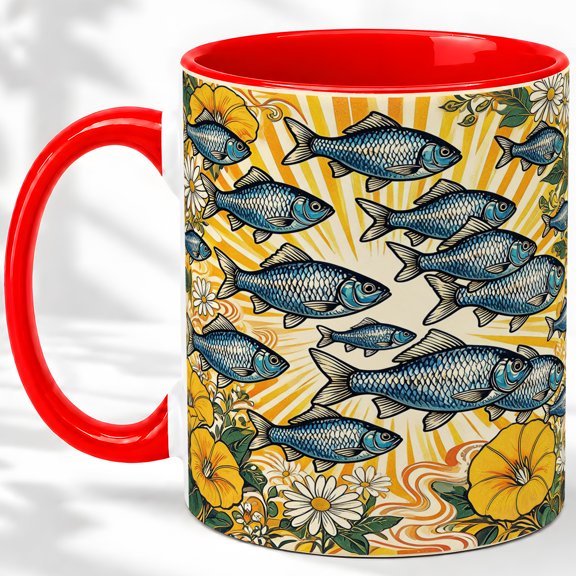 Blue Fish School Coffee Mug, Blue Fish Mug, Morning Tea Cup for Home, Many Scaled Swimmers with Yellow Flowers and Sunburst Rays, Retro Ocean Art, Coastal Kitchen Accent, Seafood Lover
