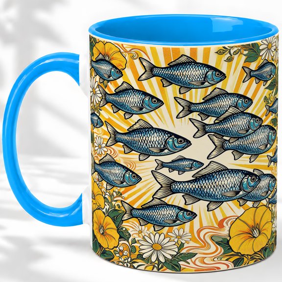 Blue Fish School Coffee Mug, Blue Fish Mug, Morning Tea Cup for Home, Many Scaled Swimmers with Yellow Flowers and Sunburst Rays, Retro Ocean Art, Coastal Kitchen Accent, Seafood Lover