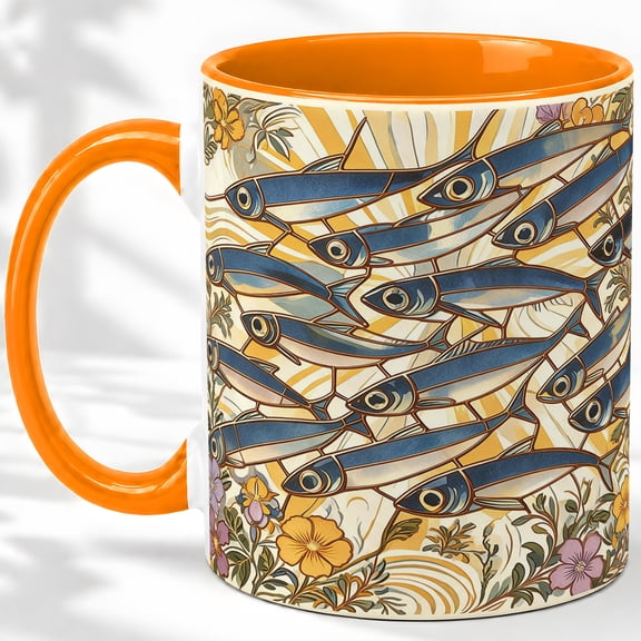 Blue Fish School Floral Coffee Mug, School of Fish Mug, Morning Tea Cup for Home, Many Silver Swimmers with Sunburst Rays and Garden Flowers, Retro Ocean Art, Coastal Kitchen Lover
