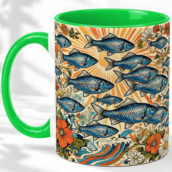 Blue Fish School Sunburst Coffee Mug, Blue Fish Mug, Morning Tea Cup for Home, Many Scaled Swimmers with Orange Flowers and Ocean Waves, Retro Coastal Art, Kitchen Accent, Angler