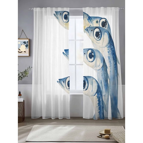 Blue Fish Sheer Curtains for Living Room Bedroom Coastal Ocean Animal Watercolor White Sheer Curtains 84 Inch Long 2 Panels Set Light Filtering Curtain Window Treatments Drapes for Dining Room