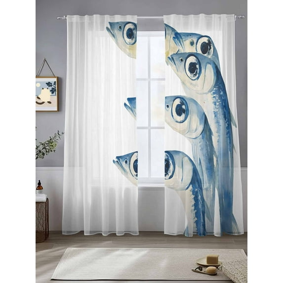 Blue Fish Sheer Curtains for Living Room Bedroom Coastal Ocean Animal Watercolor White Sheer Curtains 96 Inch Long 2 Panels Set Light Filtering Curtain Window Treatments Drapes for Dining Room