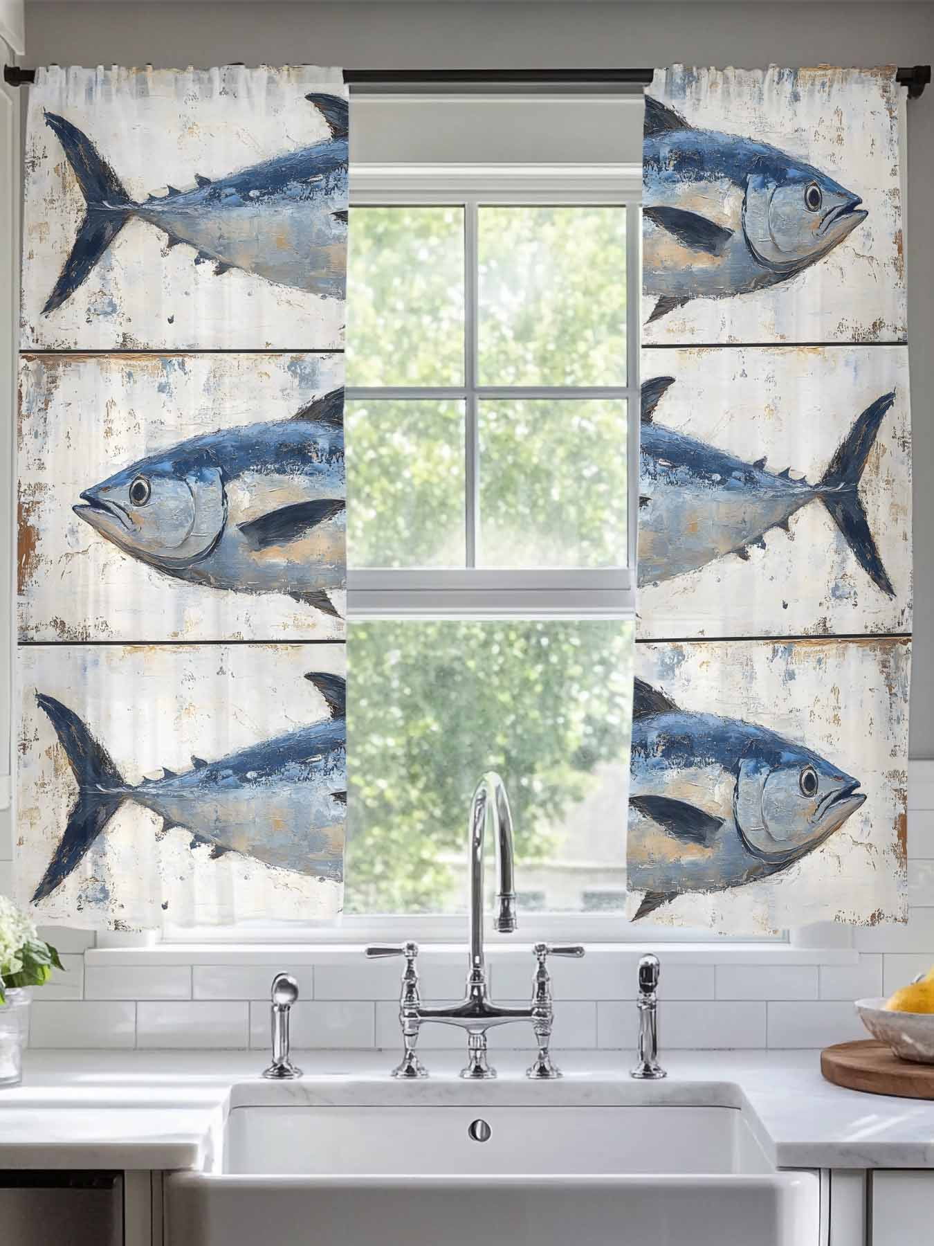 Blue Fish Sheer Curtains for Living Room Bedroom Vintage Oil Painting