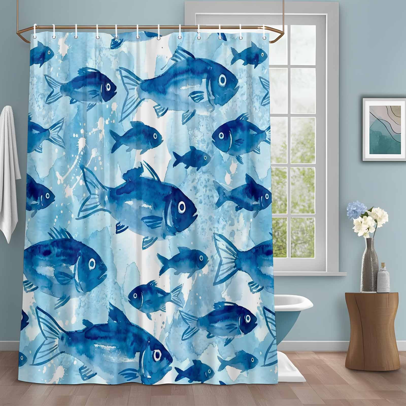blue fish shower curtain hooks Funny Shark Fin with 12 Rings Item Name 12PCS Beach Shell Shower Curtain
