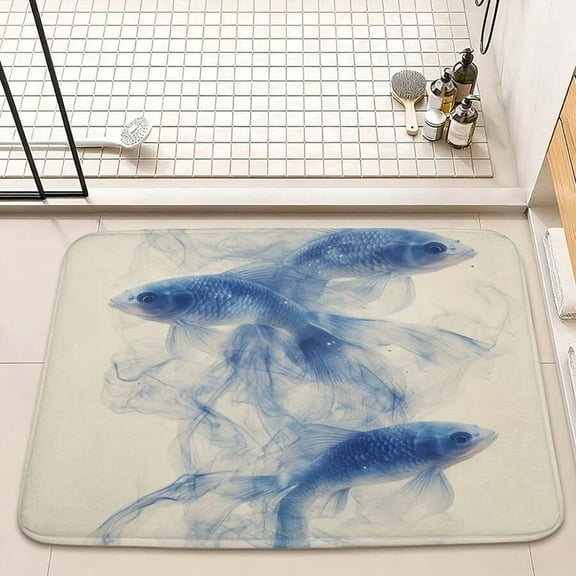Blue Fish Smoke Art Bath Mat, Non-Slip Quick-Dry Flannel, 60x90cm