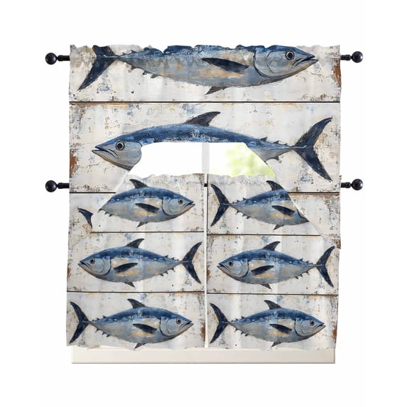 Blue Fish Swag Curtains for Living Room/Bedroom Windows, Vintage Oil Painting Beach Coastal Kitchen Curtains and Valances Set 36 Inch Length, Light Filtering Swags Valance Curtain Panels