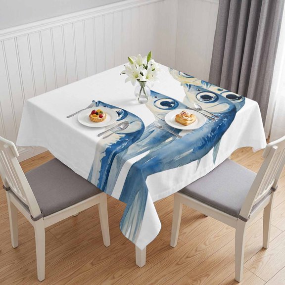 Blue Fish Table Cloth Waterproof Tablecloths, Coastal Ocean Animal Watercolor White Tablecloth Dining Table Cover for Kitchen Party Tabletop Outdoor, Square Tablecloth 54x54 Inch