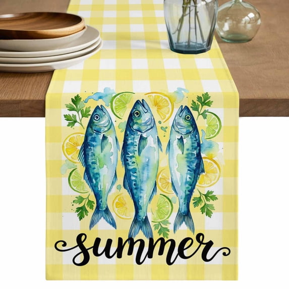 Blue Fish Table Runner 72 Inches, Summer Lemon Mint Leaves Rural Yellow Plaid Bed Runner Dresser Scarves Tabletop for Indoor Outdoor Parties/Ceremony/Banquet, 18" x 72"