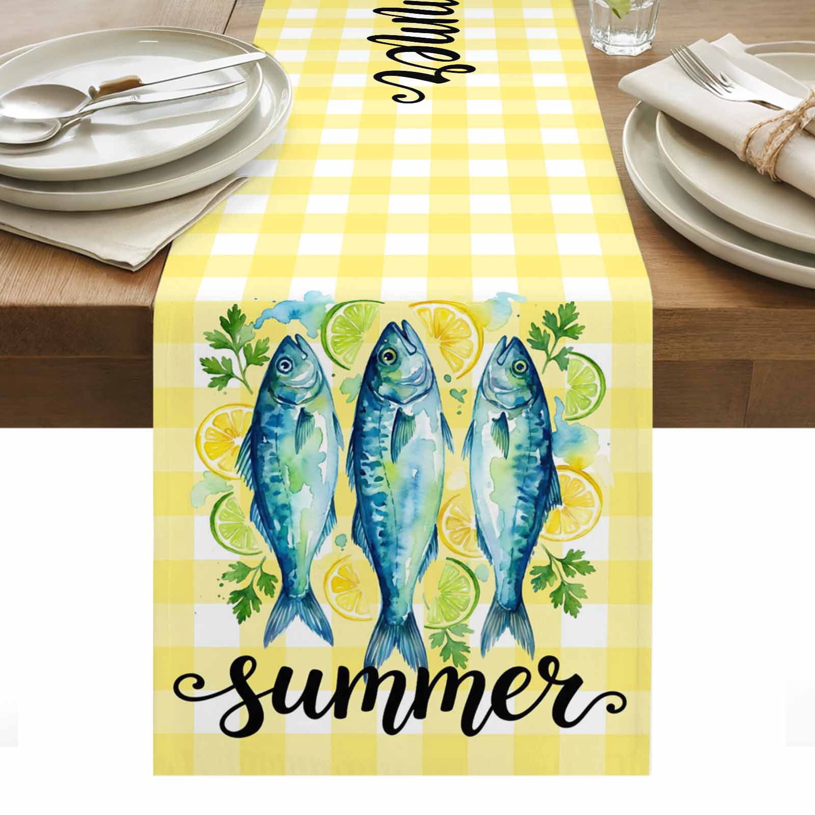 Blue Fish Table Runner Summer Lemon Mint Leaves Rural Yellow Plaid ...