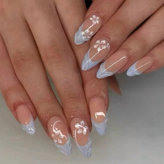 Blue Fish Tail Press on Nails Medium Almond Fake Nails Nude Pink French Tip White Floral Accents 3D Design Full Cover Adhesive Press Ons Glossy Acrylic False Nails Nail Tips DIY Manicure 24 Pcs