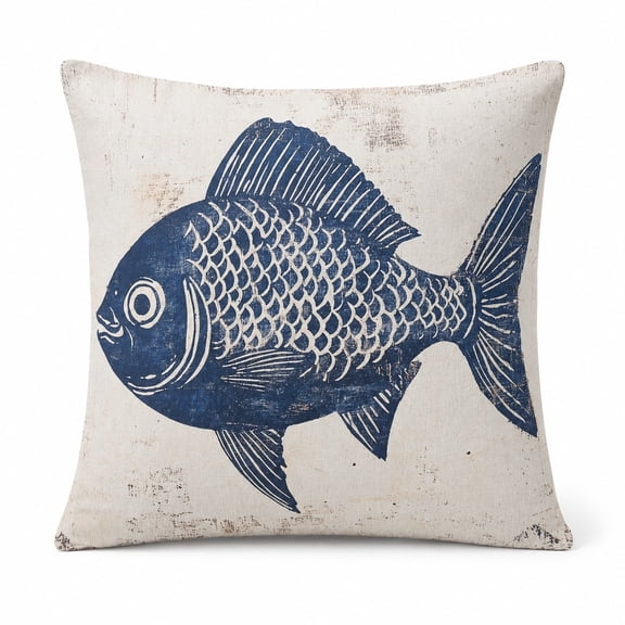 Blue Fish Throw Pillow Cover, Coastal Nautical Sofa Cushion Decor, 18 x 18 in - Cozy Patch Home
