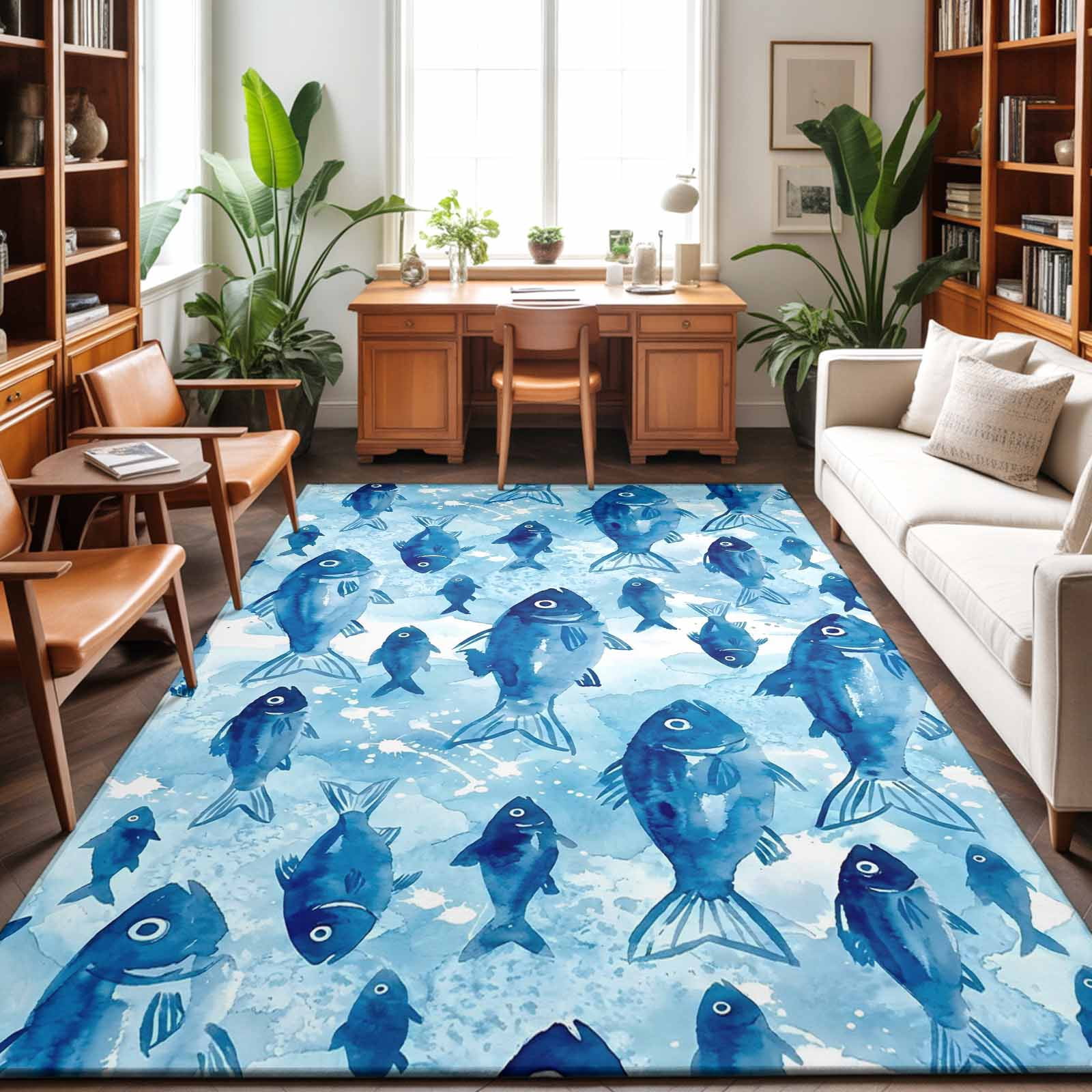 Blue Fish Washable Area Rug 8 x 10 ft Ocean Life Watercolor Fish
