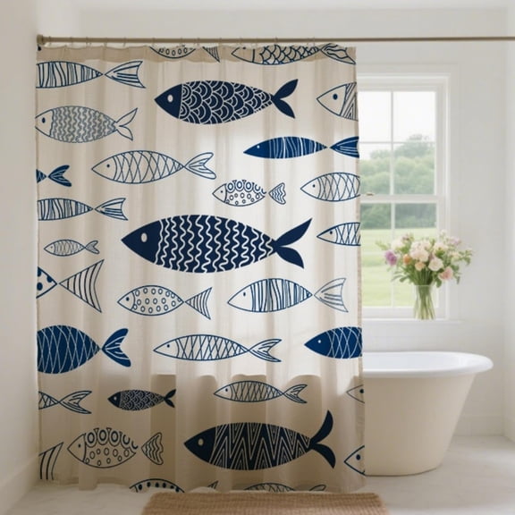 Blue Fish Waterproof Shower Curtain Abstract Geometric Vintage Oriental Artistic Print Waterproof Fabric Boho Bathroom Decor Bath Curtain with Hooks 72"W x 72"L (Pack of 1)