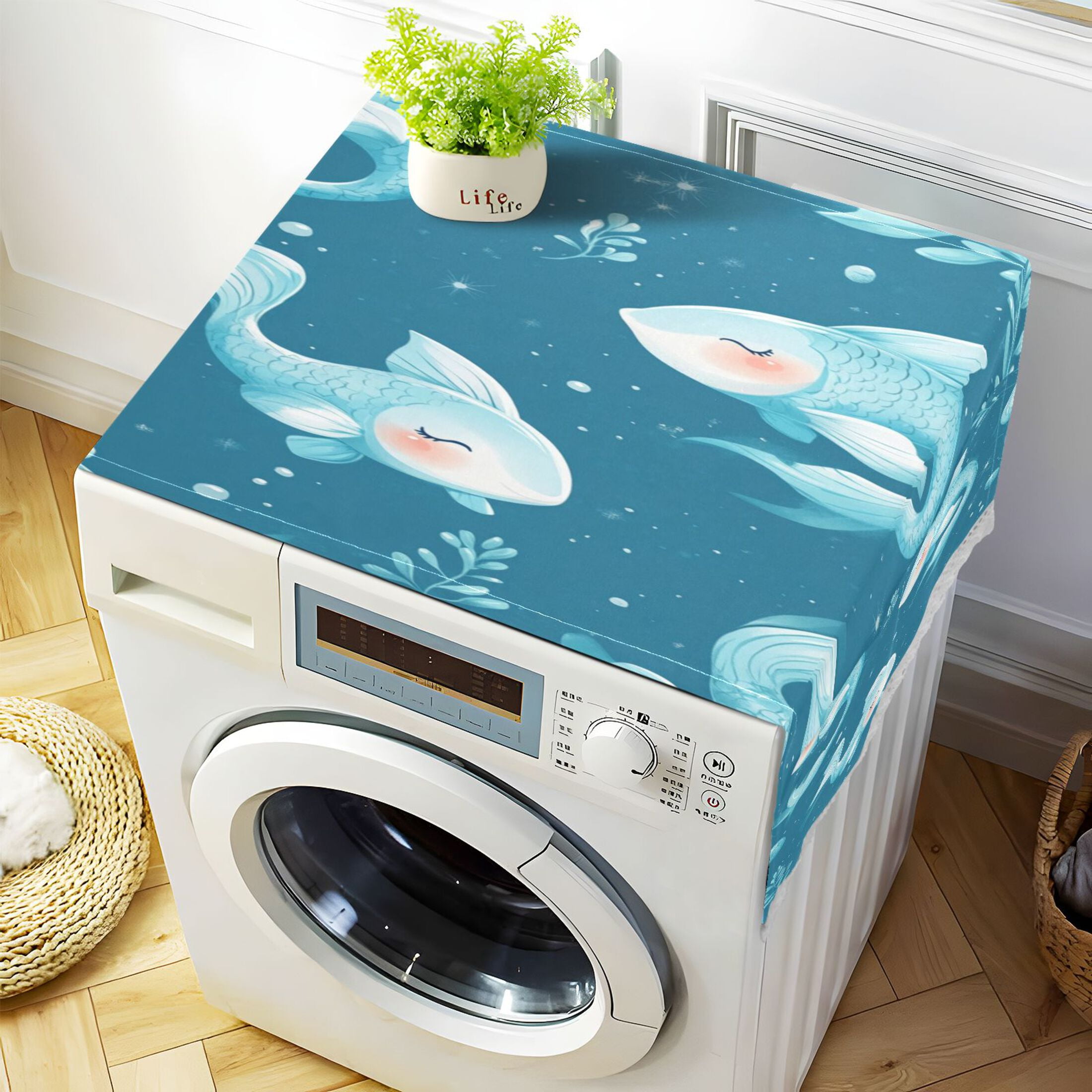 Blue FishWasher and Dryer Covers Dust-Proof and Oil Resistant Fridge Cover with 4 Storage Pockets Washing Machine Top Cover for Laundry Kitchen Home 51.2 x 22 In