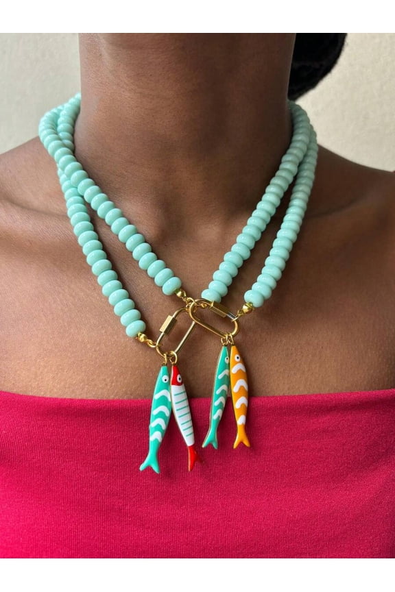 Blue Fishbone Beaded Necklace With Enamel Fish Pendants, Stainless Steel Clasp, Multi-Strand Statement Jewelry