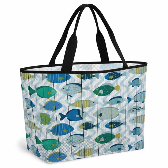 Blue Fishes Beach Bag for Women, Large Breathable Mesh Beach Tote Bag, Cartoon Coastal Ocean Fish Striped Wooden Sandproof Lightweight Travel Bags for Vacation Picnic Swimming Pool 15.7"x15.7"x9.1"