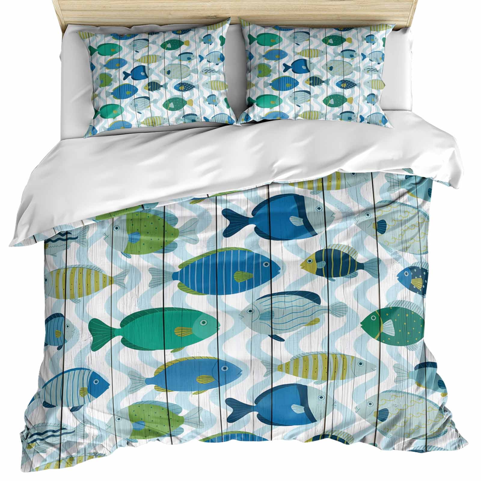 Comforter Fish Pattern Blue Fishes Bedding 3 Piece Duvet Cover Set Queen Size, Cartoon Coastal ...