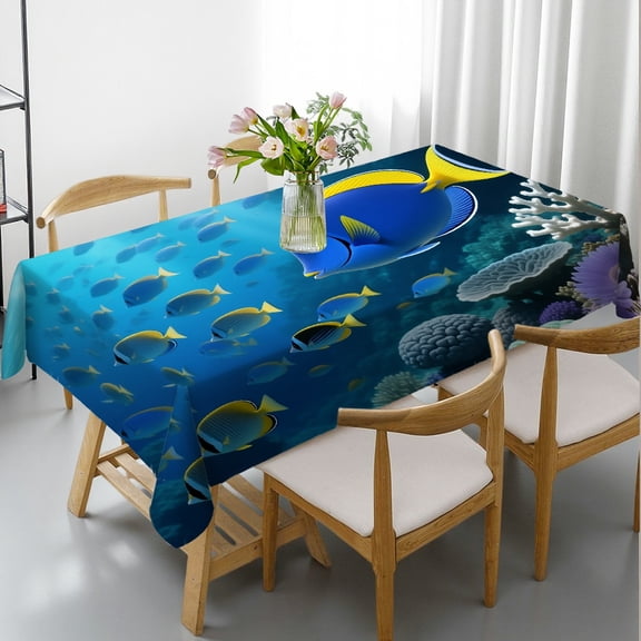 Blue Fishes Ocean Rectangular Tablecloth, Machine-Made - Festive Table Setting Tablecloths for dining table, Cafe, dinner, brunch, buffet, picnic, party