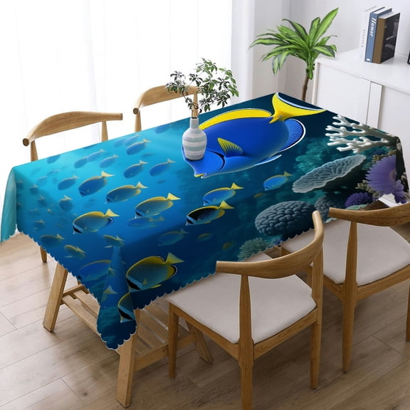 Blue Fishes Ocean Tablecloths rectangle , Polyester Tablecloths - Holiday-Themed Design Tablecloths for dining table, Cafe, dinner, brunch, buffet, picnic