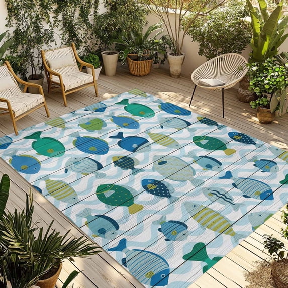 Blue Fishes Outdoor Rug for Patio/Deck/Porch, Non-Slip Large Area Rug 4 x 6 Ft, Cartoon Coastal Ocean Fish Striped Wooden Indoor Outdoor Rugs Washable Area Rugs, Reversible Camping Rug Carpet Runner