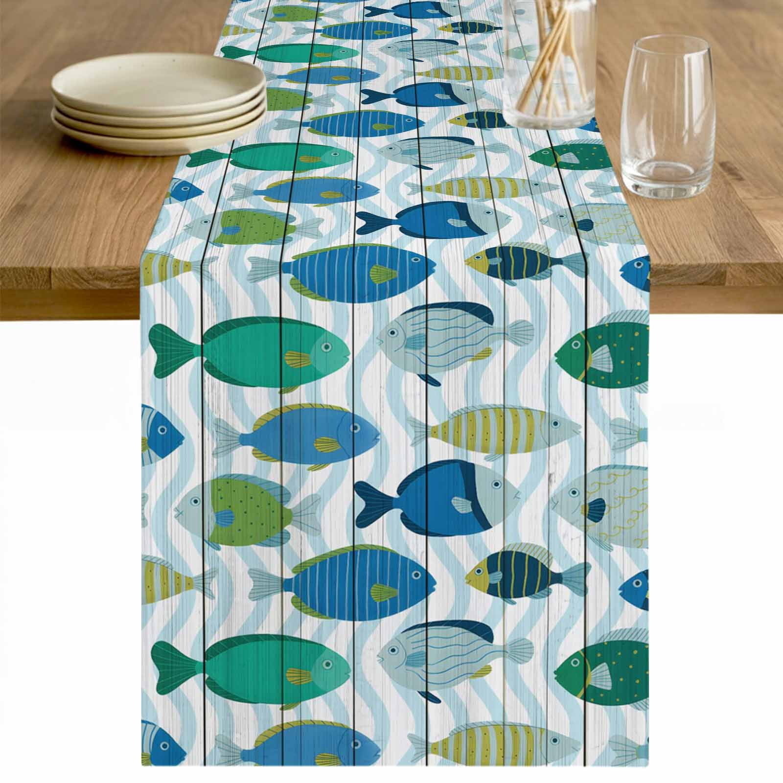 Blue Fishes Table Runner - 108 Inch Long Cartoon Coastal Ocean Fish ...