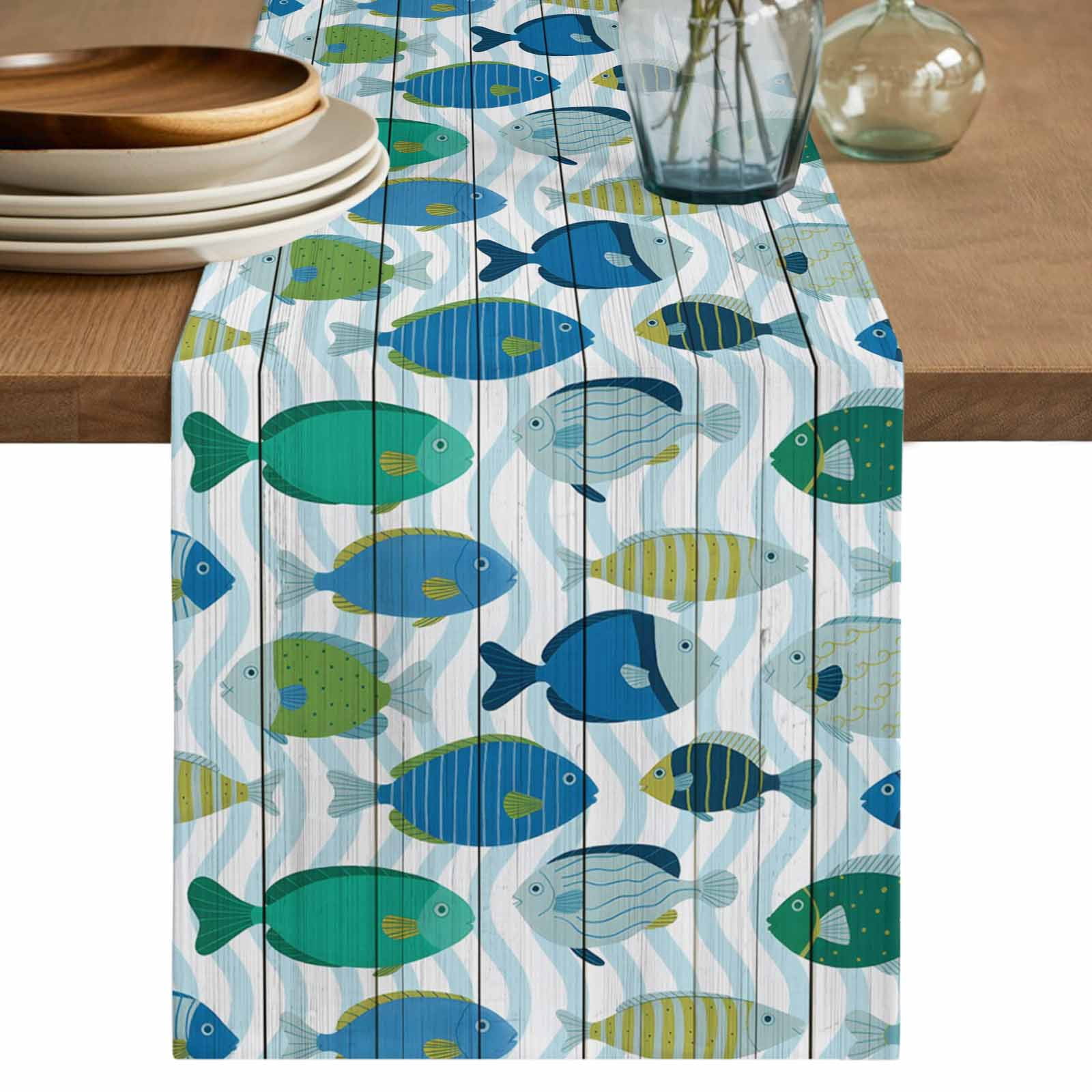 Blue Fishes Table Runner, Cartoon Coastal Ocean Fish Striped Wooden ...