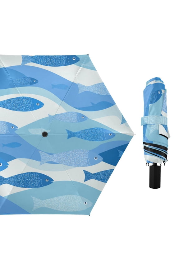 Blue Fishes in Waves All Weather Umbrella Triple Folding Parasol 6 Ribs UV Protection Portable