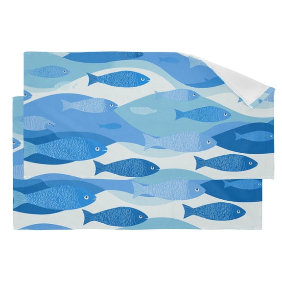 Blue Fishes in Waves Hand Towel Absorbent Bath Towels for Bathroom Sports Gym 28" x 14" Set of 2