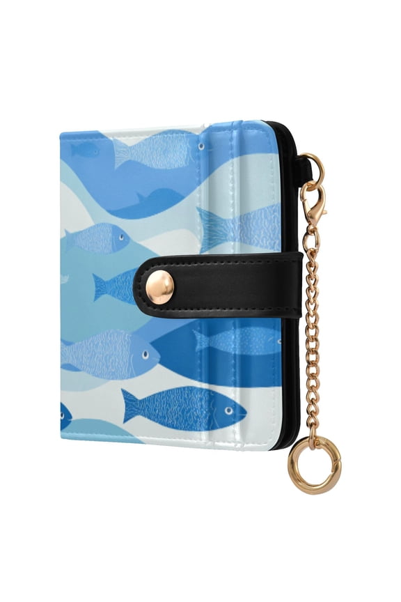 Blue Fishes in Waves Women's Wallet PU Leather Card Cases RFID Blocking Purse Billfold with Key Ring